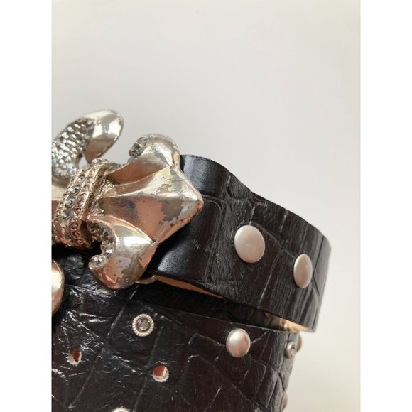 LEATHEROCK USA Black Croc Studded Rhinestone Fleur De Lis Hip Belt, Size L36 - Picture 6 of 13